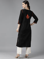 Thumbnail for ADA Women Black & Orange Ethnic Motifs Embroidered Chikankari Kurta - Distacart