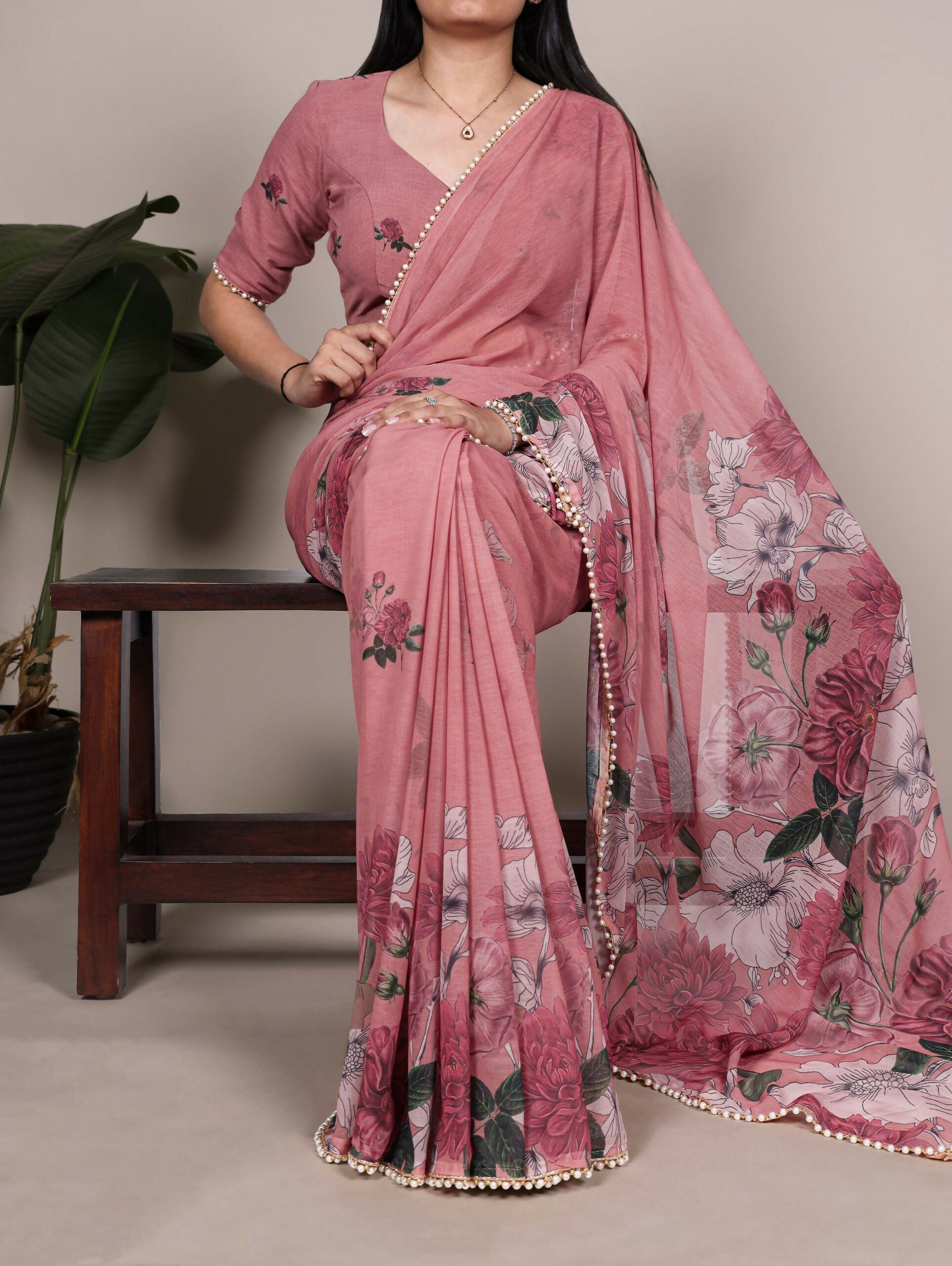 Vastranavya Peach Weightless Marble and Floral Printed Georgette Saree with Unstitched Blouse - Distacart