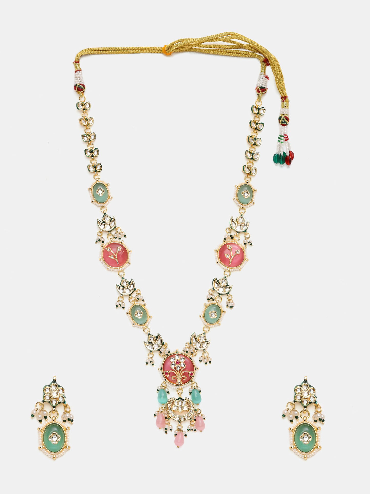 Ruby Raang Gold Polished Kundan Work Multi-Color Long Mint Stonework Necklace With Earrings - Distacart