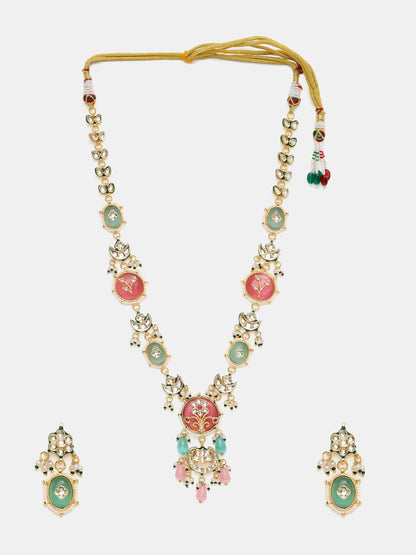 Ruby Raang Gold Polished Kundan Work Multi-Color Long Mint Stonework Necklace With Earrings - Distacart