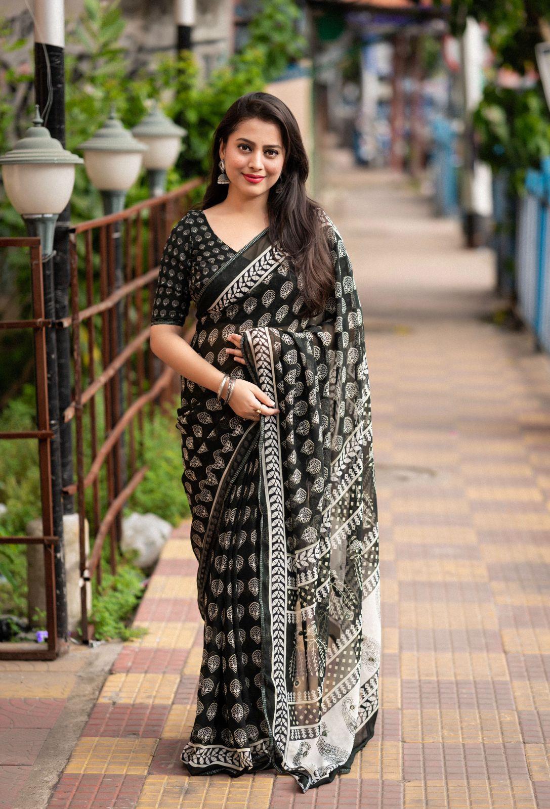 Black Poly Georgette Ajrak Saree with Unstitched Blouse - A2M - Distacart