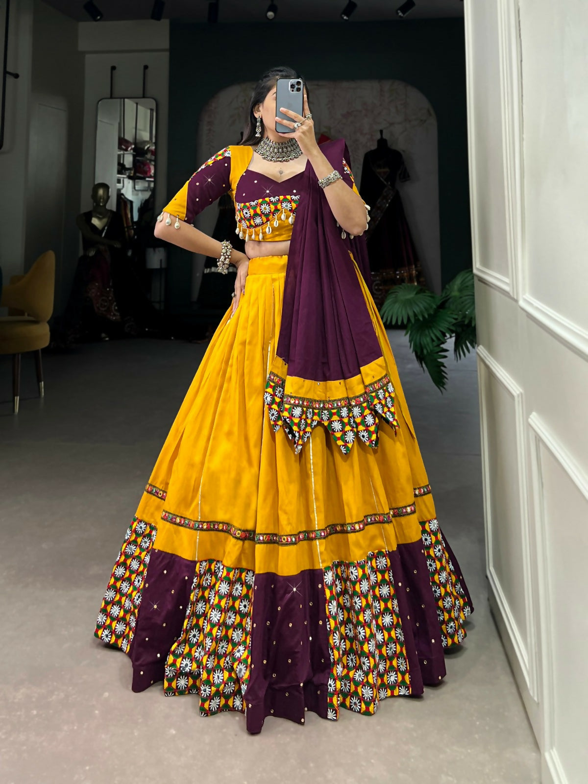 Vastranavya Navaratri Special Pure Cotton Paper Mirror Handwork With Gamthi Work With Gota Patti Touch Up Lehenga with Stitched Blouse - Mustard - Distacart