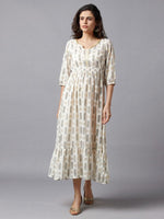 Thumbnail for AURELIA Off White & Gold-Toned Printed Ethnic Midi Fit & Flared Dress