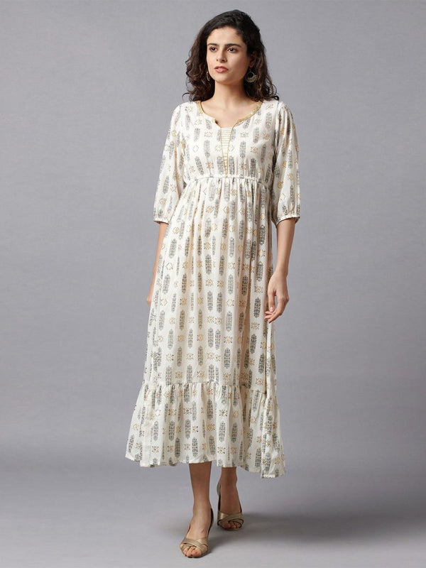 AURELIA Off White & Gold-Toned Printed Ethnic Midi Fit & Flared Dress