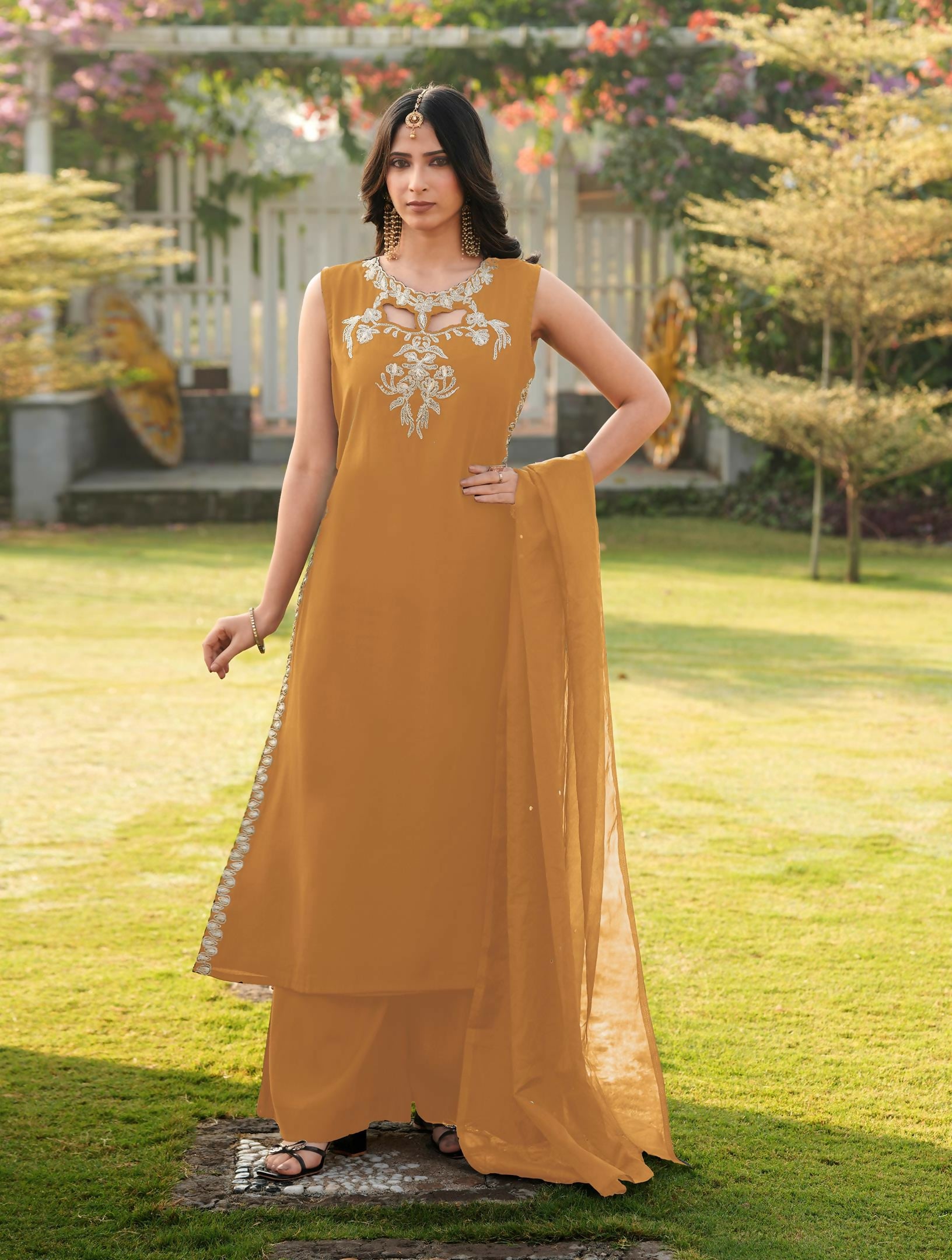 Nikhaar Light Brown Embroidered Art Silk Stitched A Line Kurta Palazzo Dupatta Readymade Suit - Dista