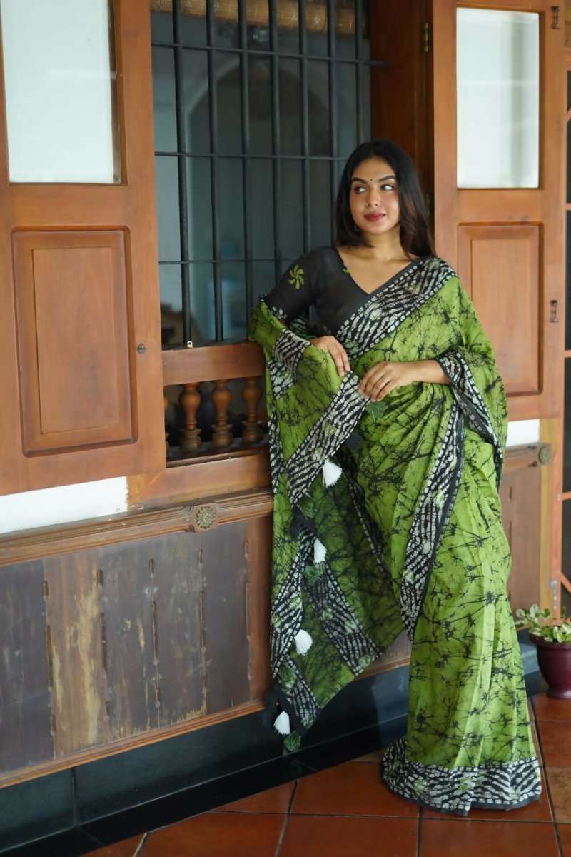 Arfa Fashion House Green Combination Pure Chanderi Cotton Batik Printed Saree - Distacart
