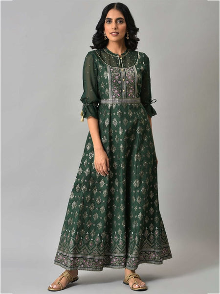 AURELIA Green & Pink Ethnic Motifs Pure Cotton Maxi Ethnic Dress - Distacart