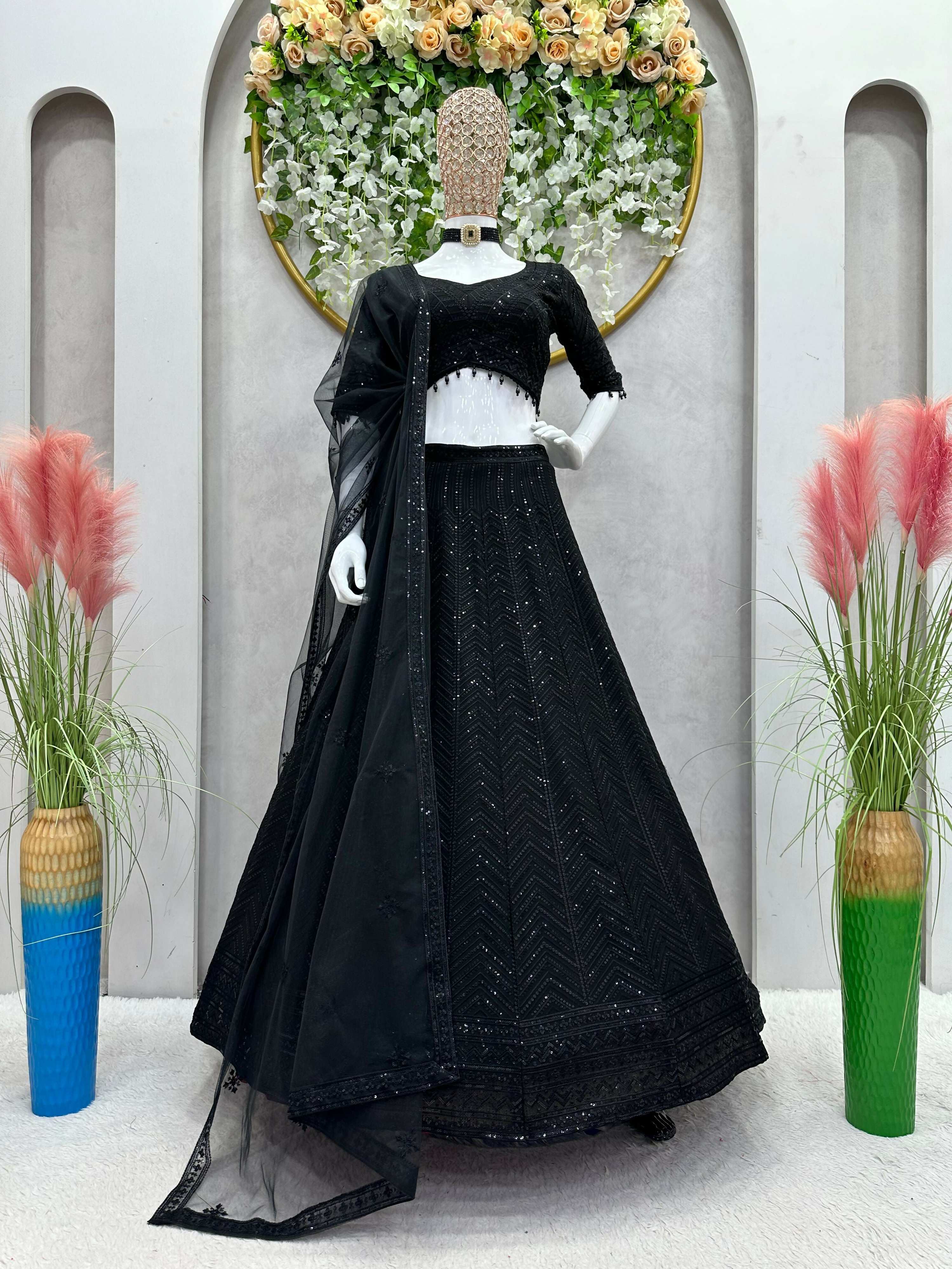 Preksha Creation Black Foux Gorgette With Thread With Sequnce Women Lehanga Choli - Distacart