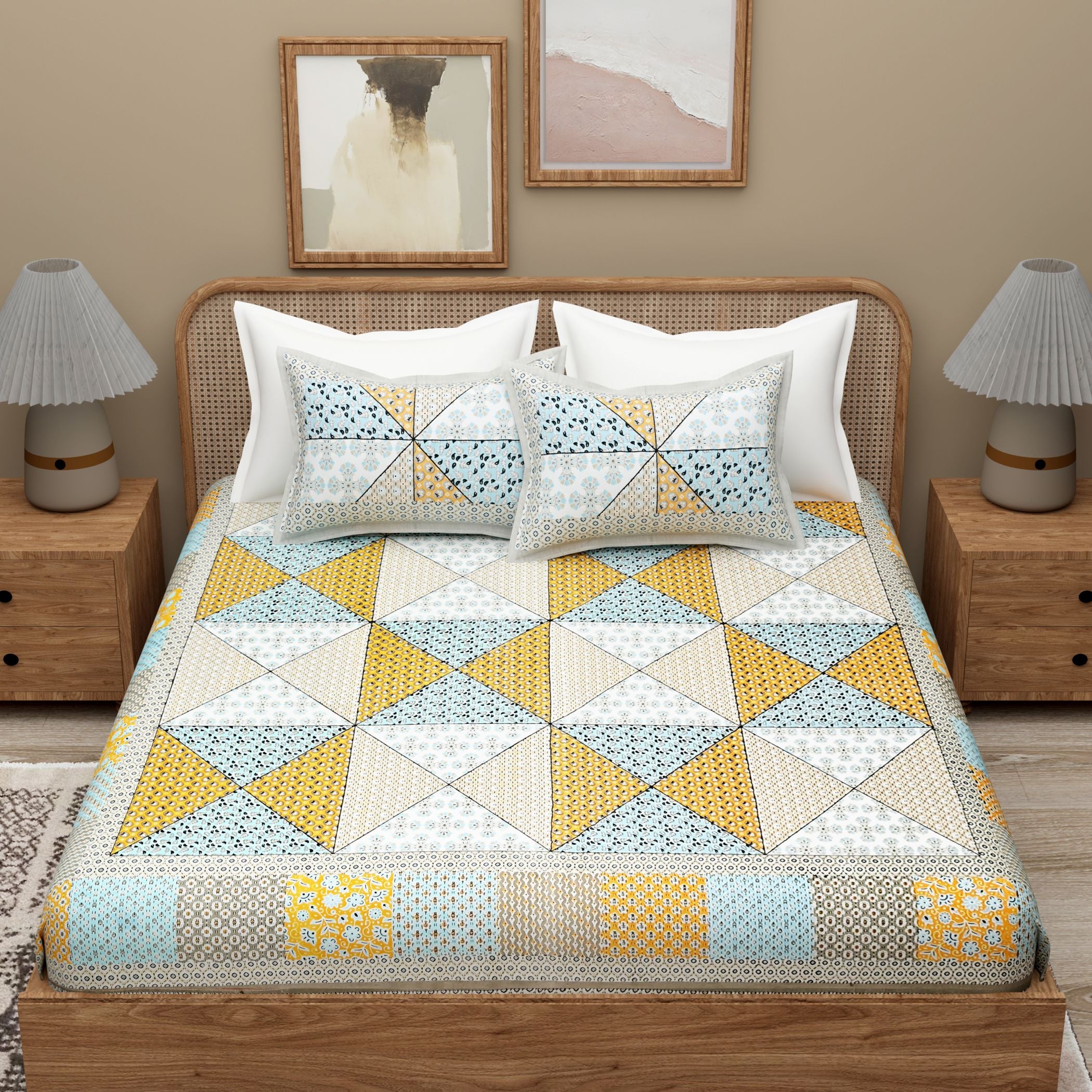 Sky Blue Yellow Ethnic Motifs Cotton 300TC King Bedsheet With 2 Zipper Pillow Covers - Super King Size by House of Ree - Distacart