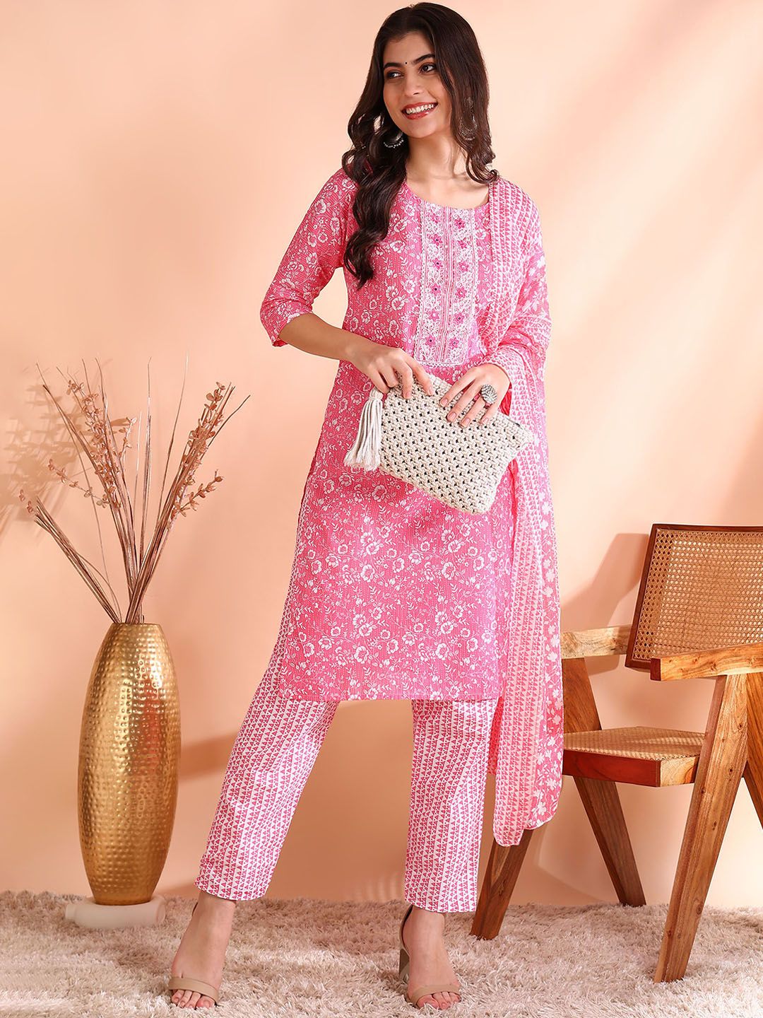 Ode by House of Pataudi Thread Work Pure Cotton Straight Kurta with Trousers & Dupatta - Distacart