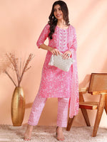 Thumbnail for Ode by House of Pataudi Thread Work Pure Cotton Straight Kurta with Trousers & Dupatta - Distacart