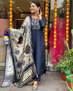 Thumbnail for The52 Navy Blue Women's Beautiful Viscose Chanderi Fabric Embroidered Work Straight Kurta Pant and Dupatta Set - Distacart