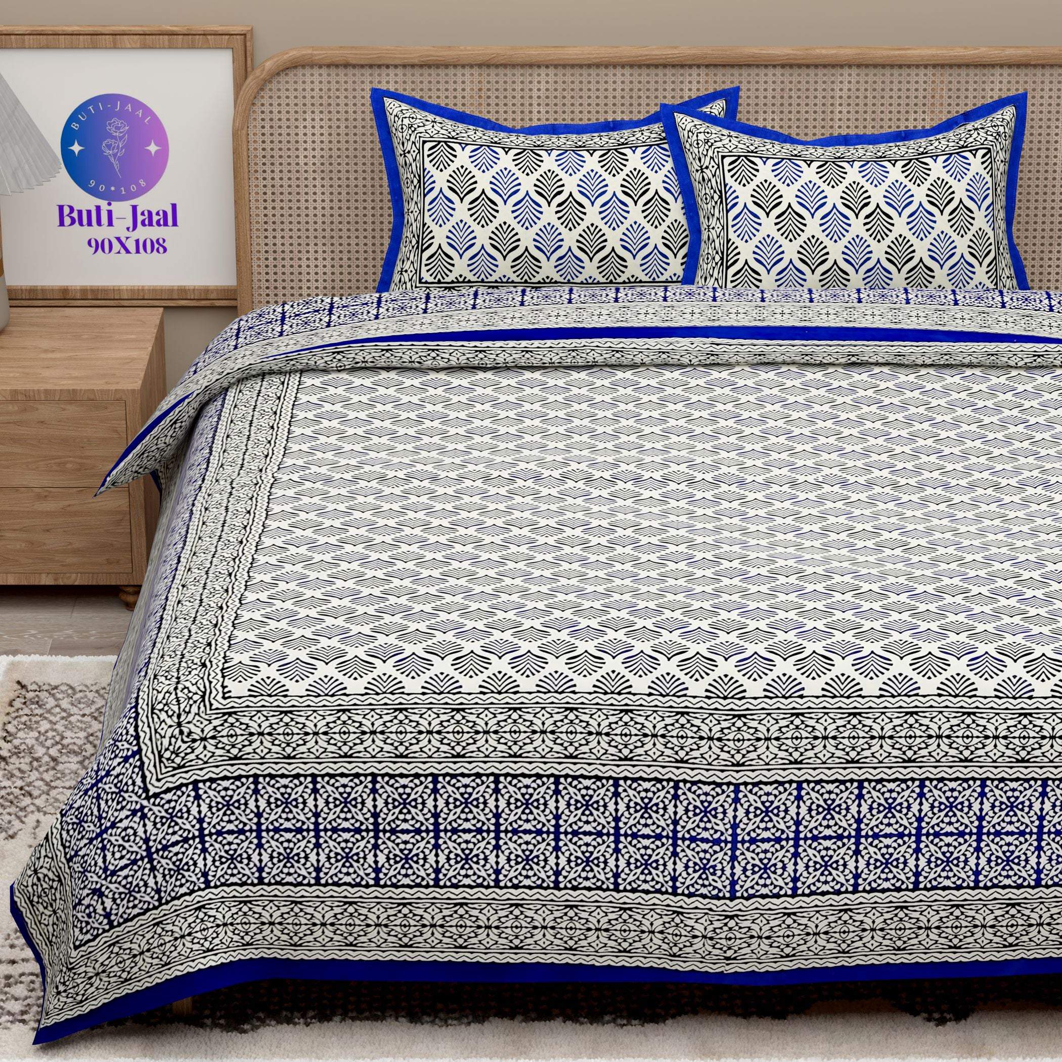 Blue Handblock Printed Cotton 200TC King Bedsheet With 2 Zipper Pillow Covers - King Size by House of Ree - Distacart