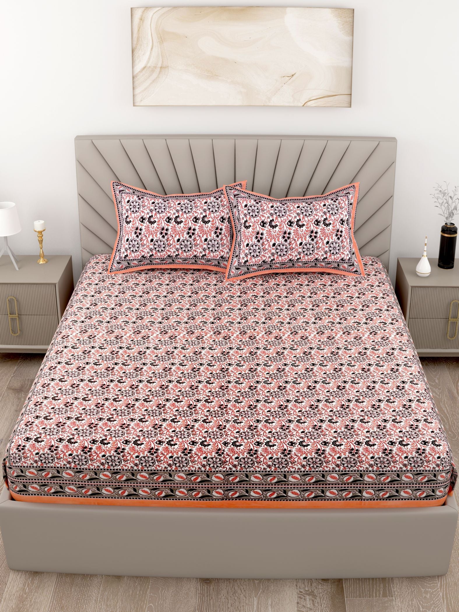 Orange White Floral Printed Cotton 200TC King Bedsheet With 2 Zipper Pillow Covers - King Size by House of Ree - Distacart