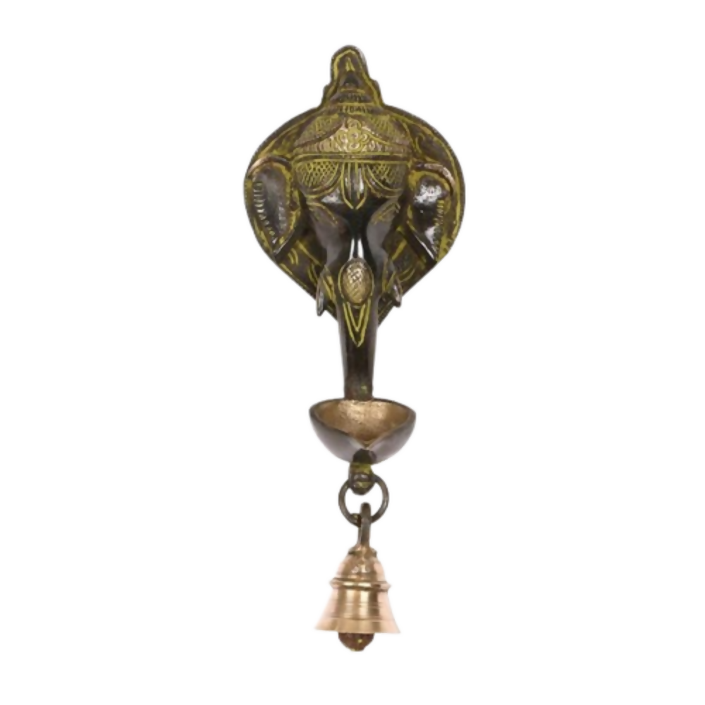 CraftVatika Brass Elephant Face Oil Lamp Diya With Bell Wall Hanging Showpiece - Dista