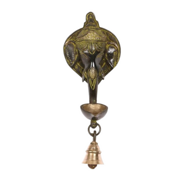CraftVatika Brass Elephant Face Oil Lamp Diya With Bell Wall Hanging Showpiece - Dista