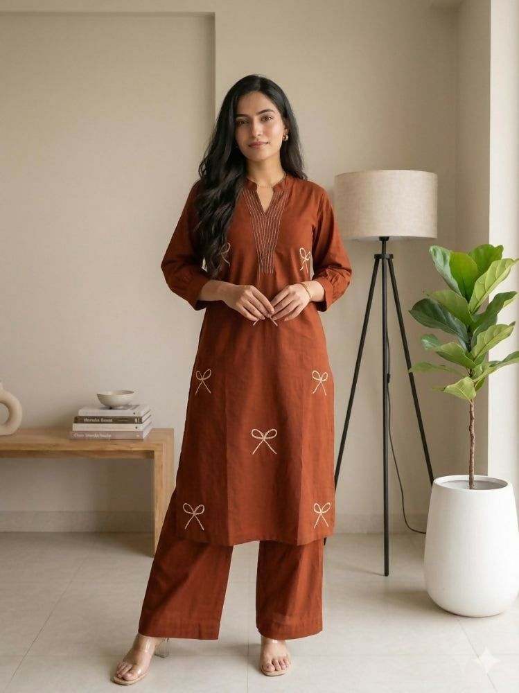 Teeya Creation Women New Trendy Rust Orange Embroidered Cotton Kurta with Palazzos - Dista