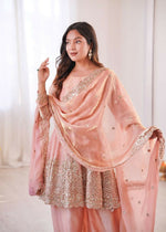 Thumbnail for Teeya Creation Light Peach Color Fendy Satin Silk Embroidery Work Party Wear Salwar Suit - Distacart