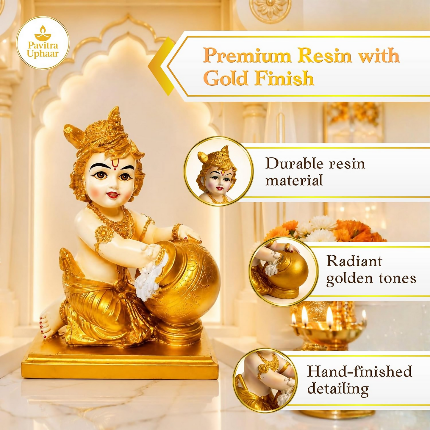 Bal Krishna Idol with Butter Pot - Gold - Dista