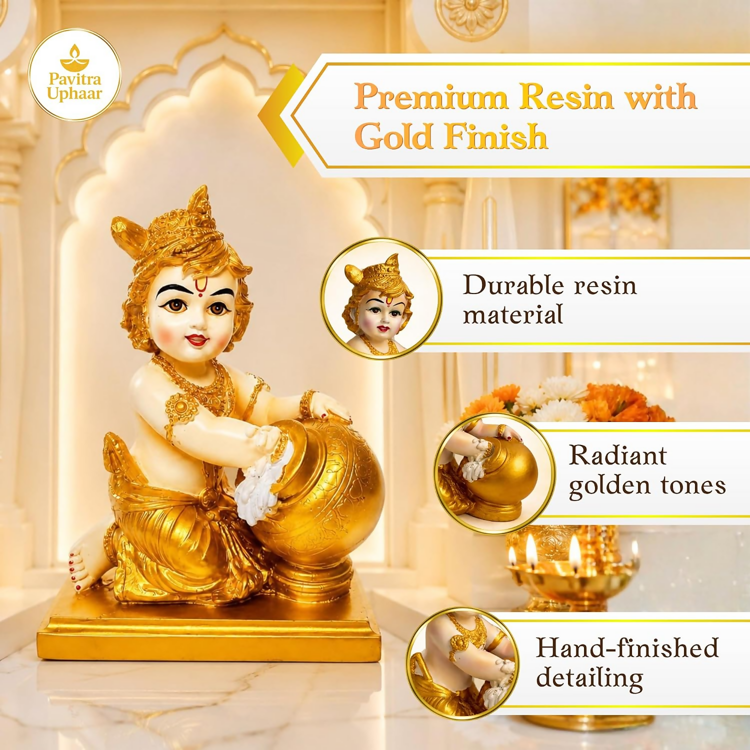 Bal Krishna Idol with Butter Pot - Gold - Dista