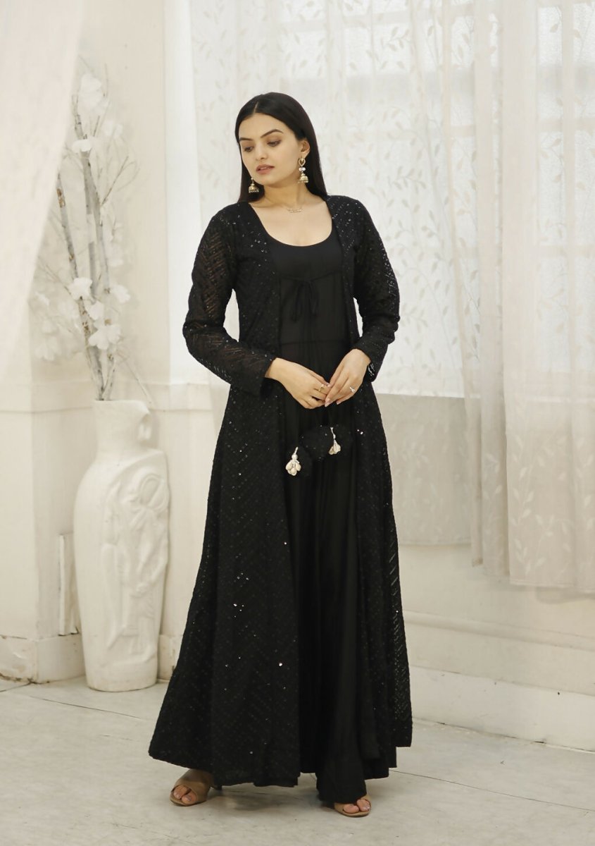 Aastha Fashion Women's Black Designer Rayon Gown with Crochet Embroidery Work Shrug - Distacart
