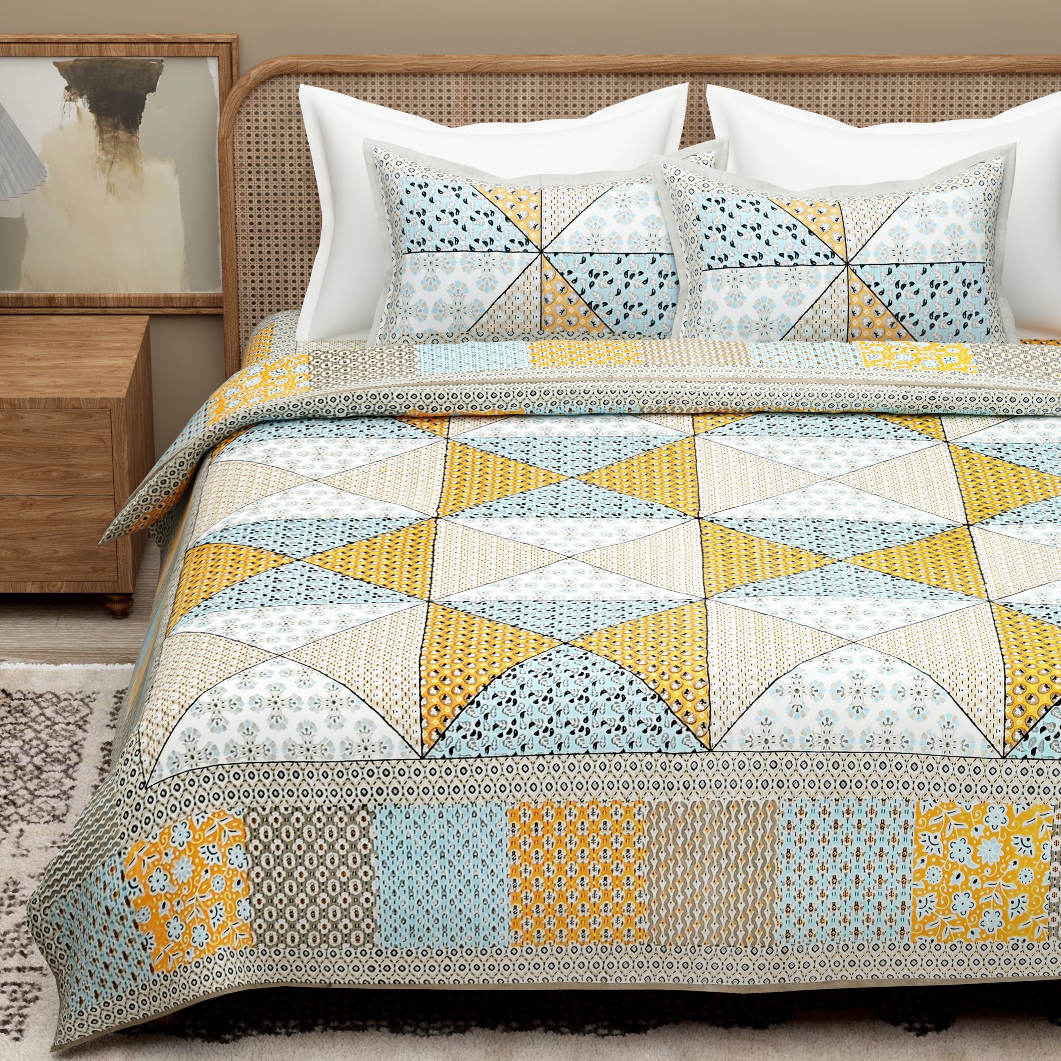 Sky Blue Yellow Ethnic Motifs Cotton 300TC King Bedsheet With 2 Zipper Pillow Covers - Super King Size by House of Ree - Distacart