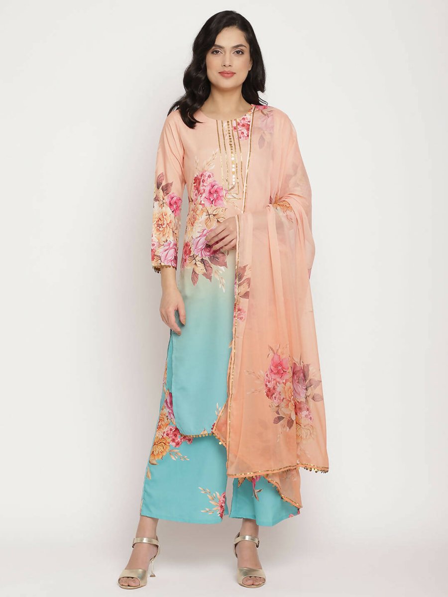 Ahalyaa Women Peach-Coloured Floral Printed Kurta Palazzo Set With Dupatta - Distacart