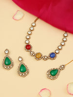 Thumbnail for Ruby Raang 22k Gold Polished Stonework Kundan Necklace With Earrings And Maang Tikka