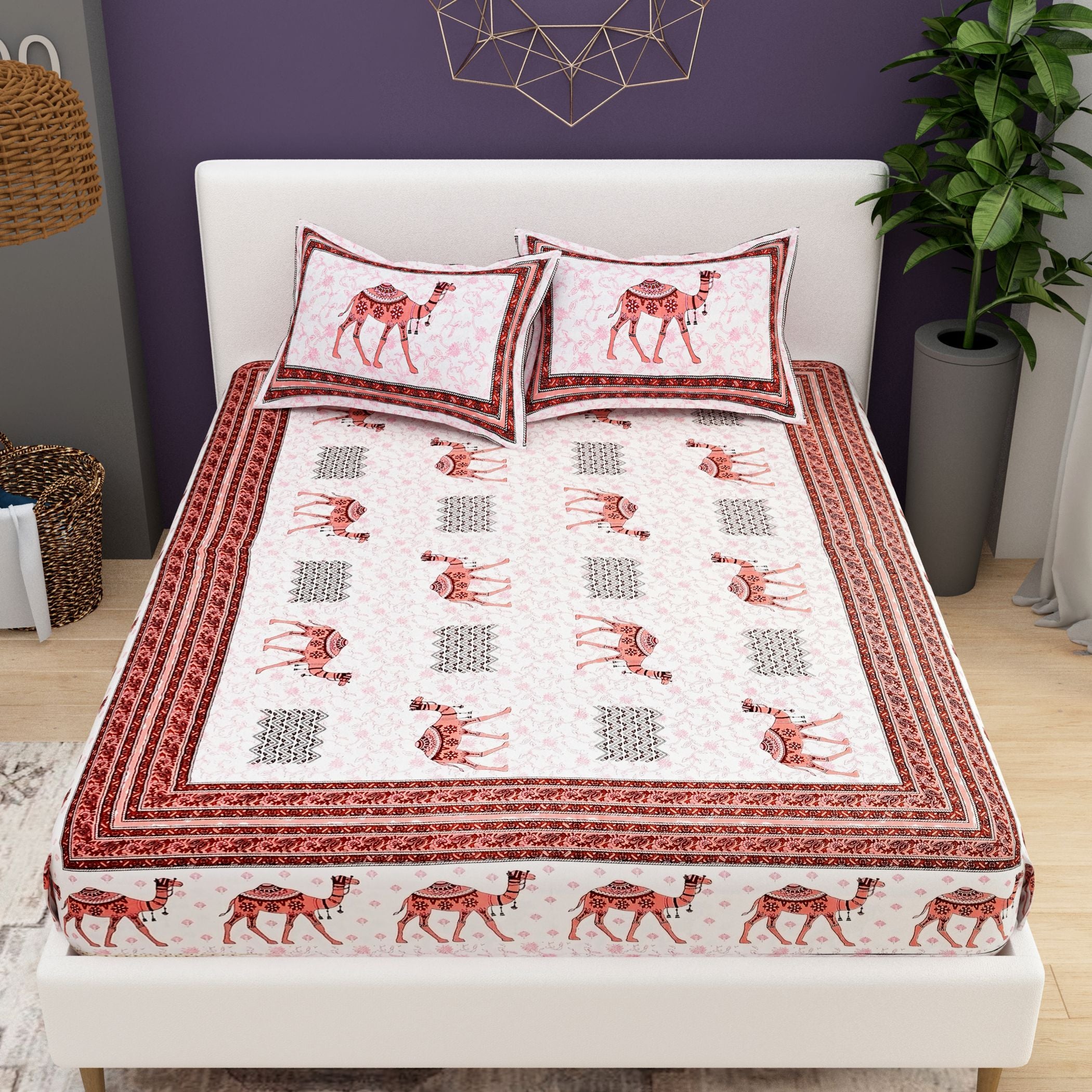 Red White Ethnic Motifs Cotton 200TC King Bedsheet With 2 Zipper Pillow Covers - King Size by House of Ree - Distacart