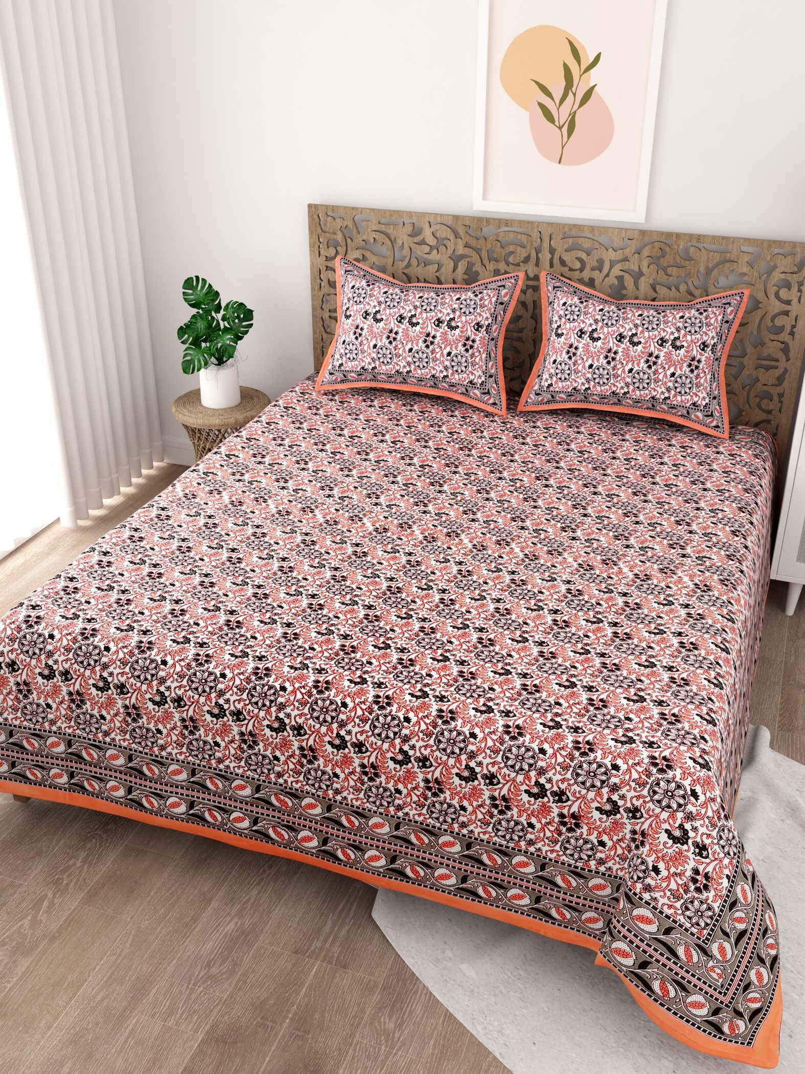 Orange White Floral Printed Cotton 200TC King Bedsheet With 2 Zipper Pillow Covers - King Size by House of Ree - Distacart