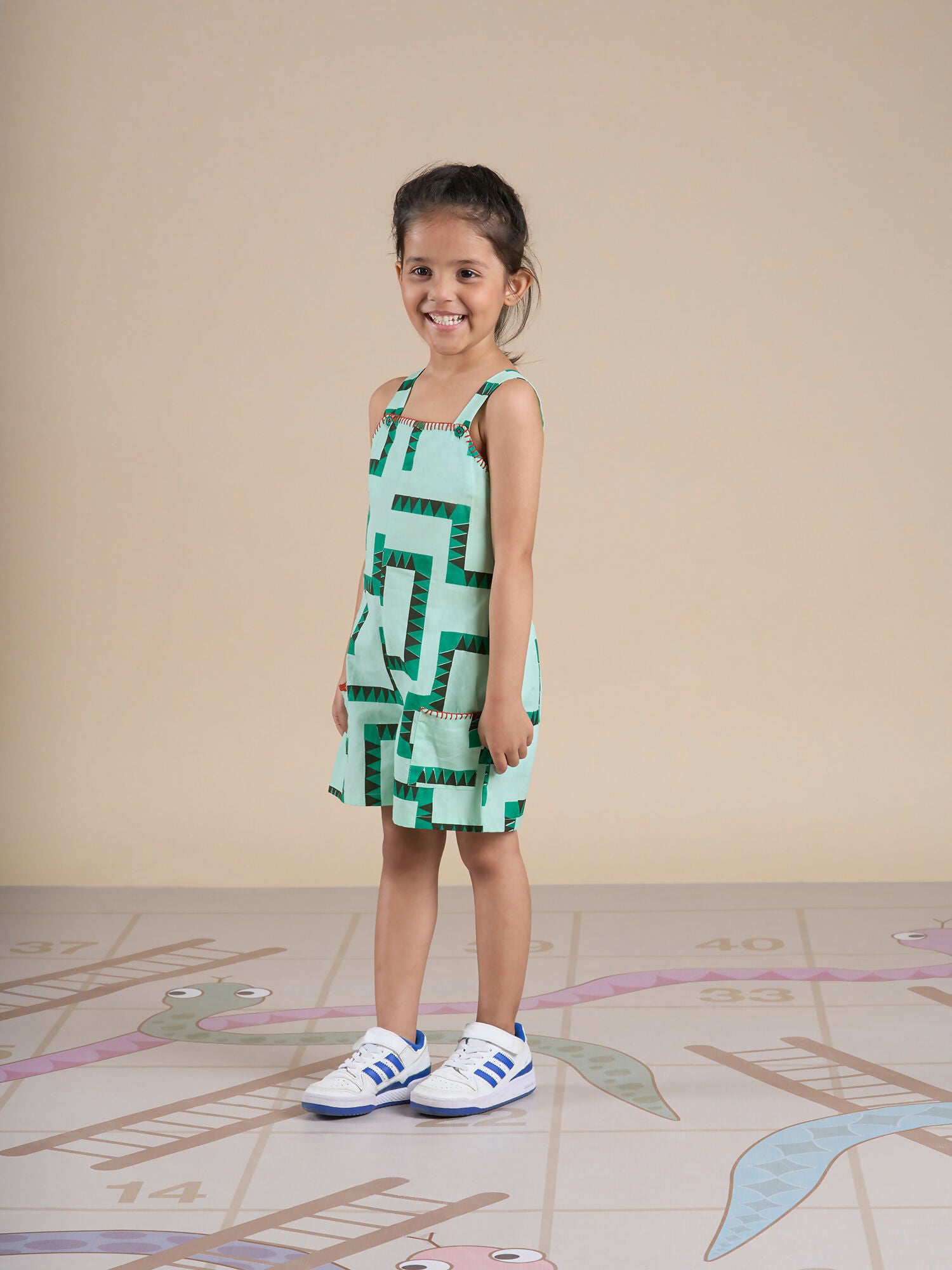 Snakes and Ladders Girls Green Table Print Jumpsuit from Siblings Collection - Distacart