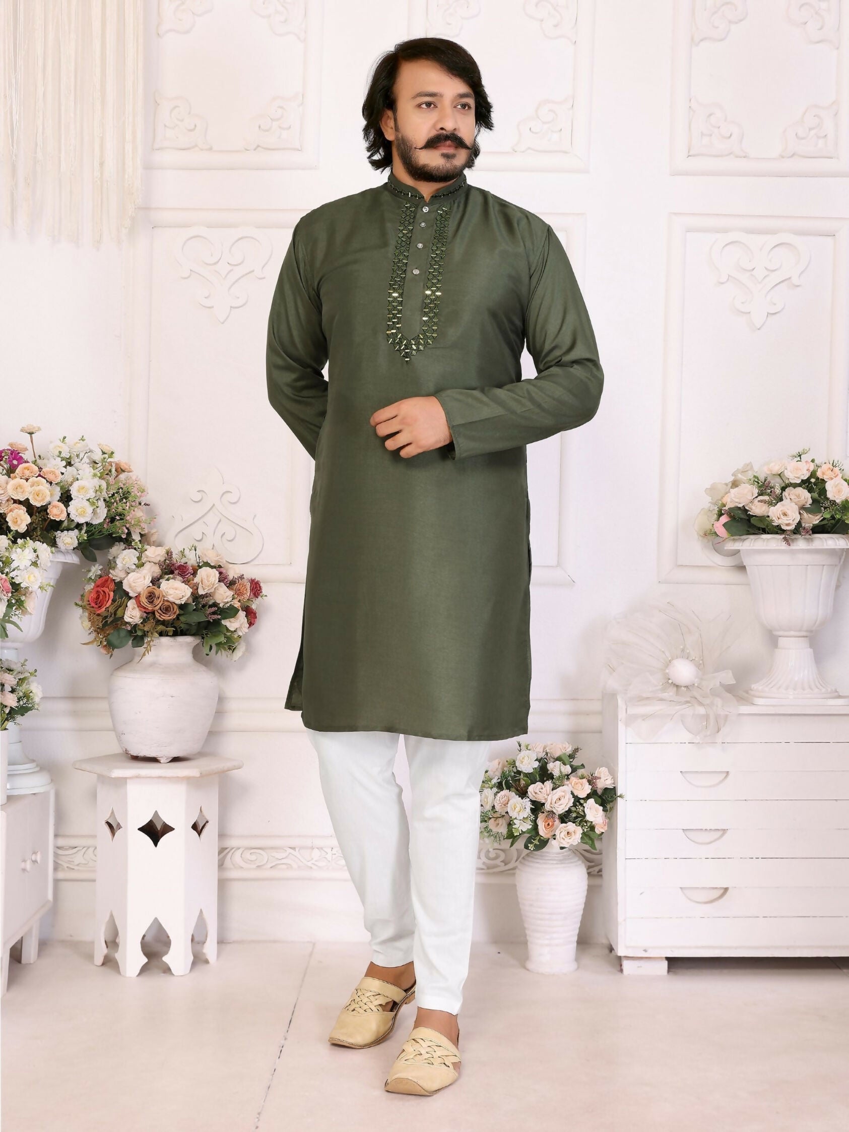Anaita Mehndi Silk Straight Kurta With Neck Mirror Work - Distacart