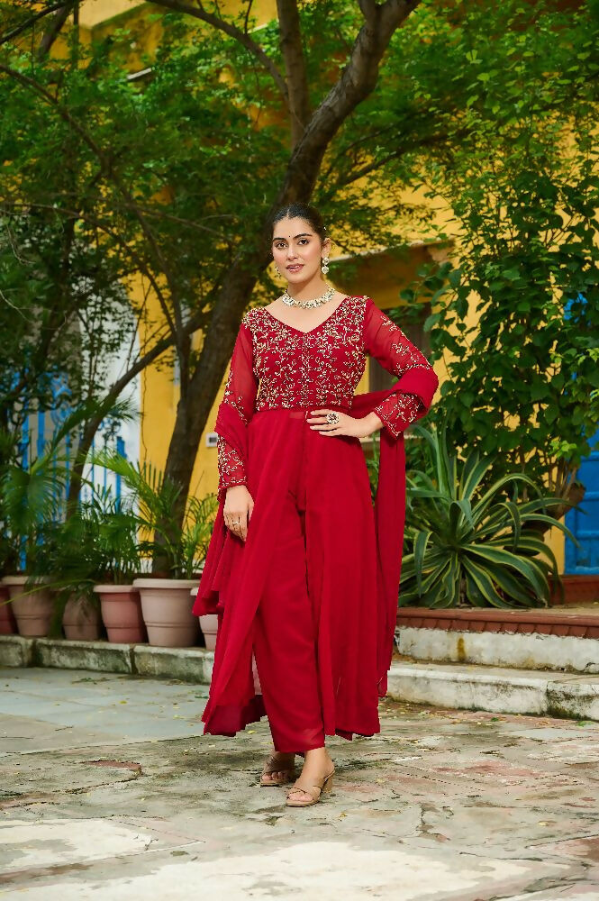 Joban Fashion Maroon Readymade Kurta Set With Sequence embroidery Work - Distacart