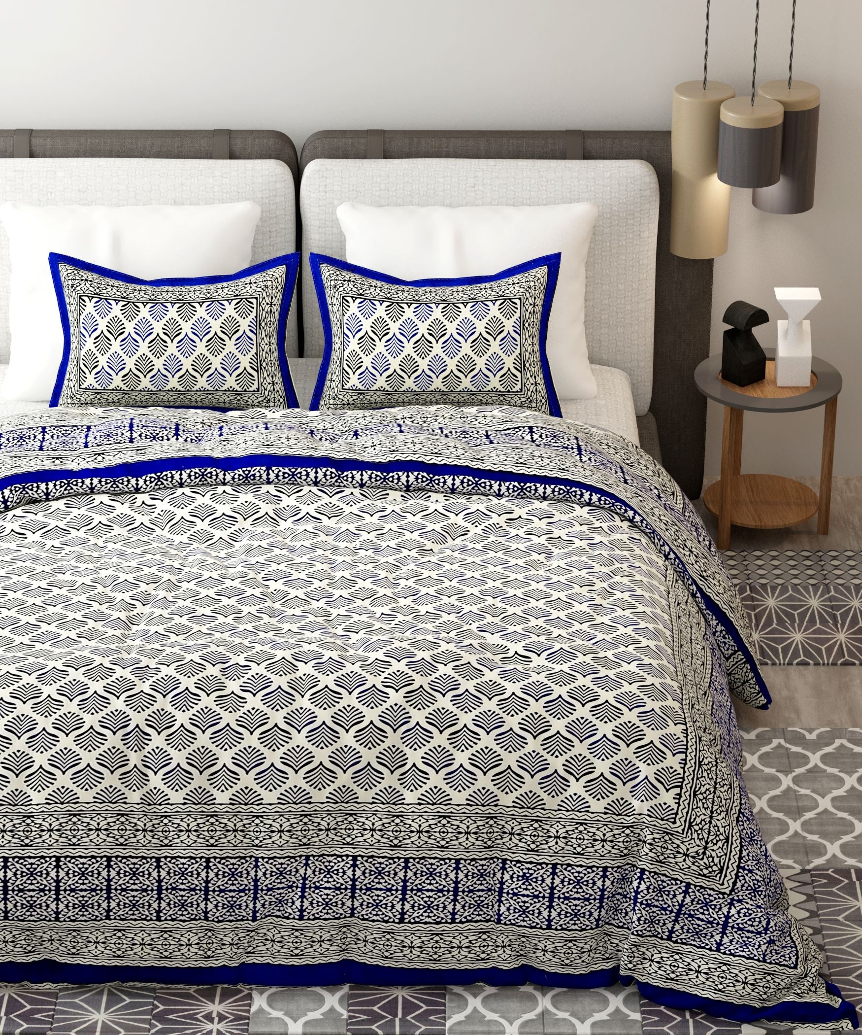 Blue Handblock Printed Cotton 200TC King Bedsheet With 2 Zipper Pillow Covers - King Size by House of Ree - Distacart