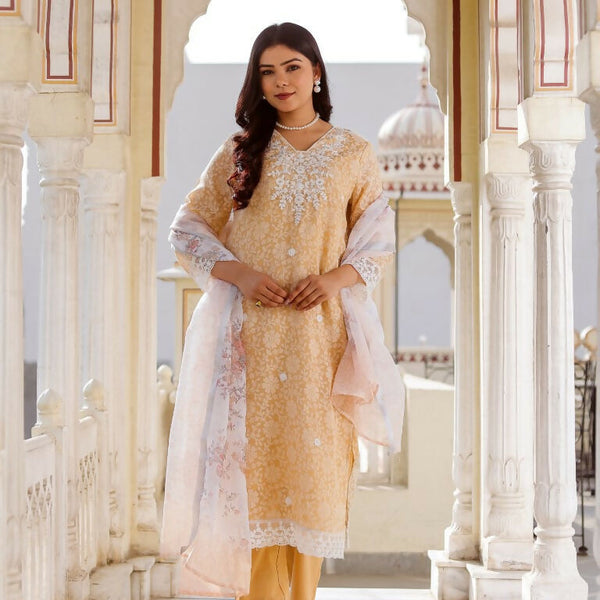 Vaasva Women Peach Linen Printed Kurta, Pant & Dupatta set - Distacart