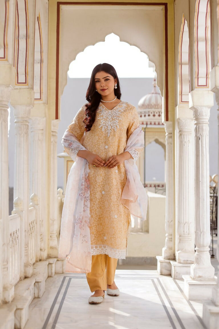 Vaasva Women Peach Linen Printed Kurta, Pant & Dupatta set - Distacart