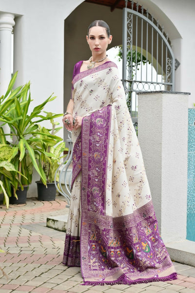 Vishnu Weaves Women's Wine Banarasi Silk Patola Zari Woven Saree with Blouse