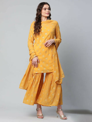 Ahalyaa Womens Mustard Georgette Gold Foil Printed Kurta Sharara Set With Dupatta - Distacart