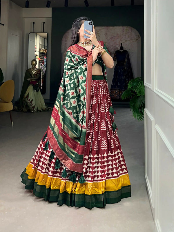Vastranavya Traditional Printed Tusser Silk Lehenga Choli - Maroon - Distacart