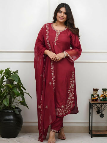 The52 Women's Beautiful Embroidery Work Roman Silk Fabric Straight Kurta Pant and Dupatta Set - Dista