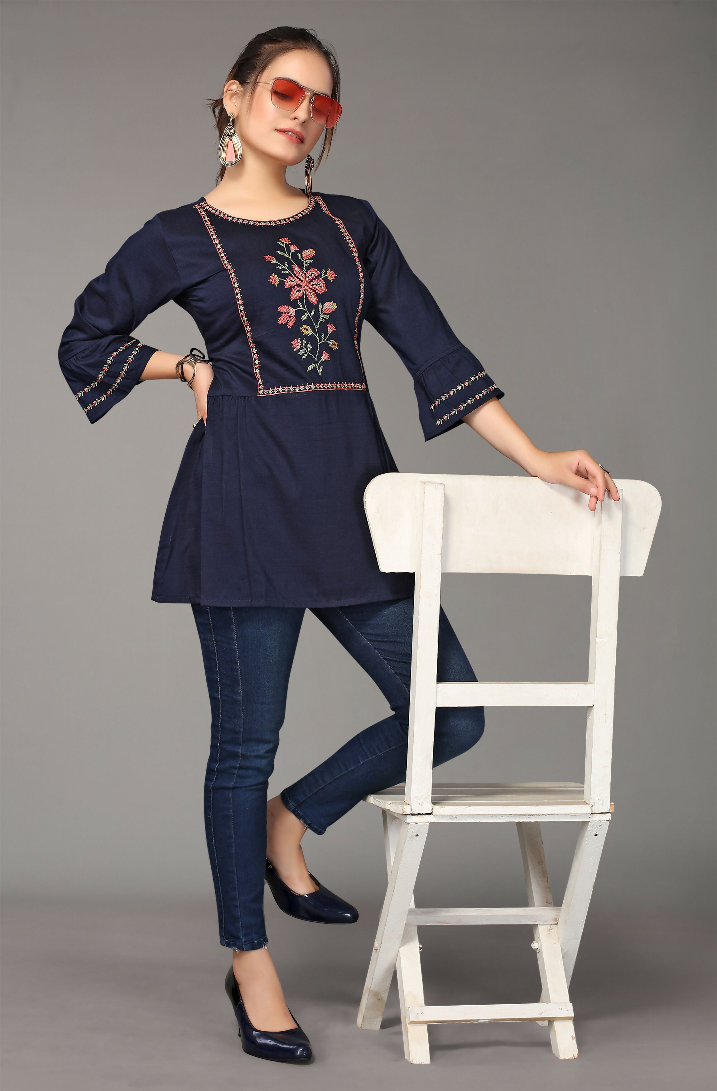 Women's Navy Blue Viscose blend Embroidered Short Top - Marina - Distacart
