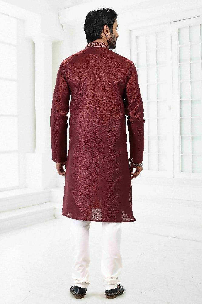 Raivat Ethnic Linen Cotton Thread Work Kurta Pajama In Maroon Colour - Dista