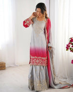 Thumbnail for The52 Women's Beautiful Chinon silk Fabric Embroidery Work Straight Kurta Palazzo and Dupatta Set - Distacart