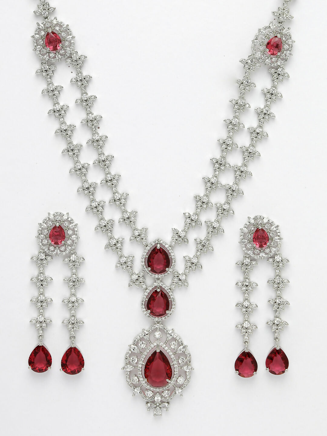 NVR Women's Silver-Plated Red CZ-Studded Handcrafted Jewellery Set - Distacart