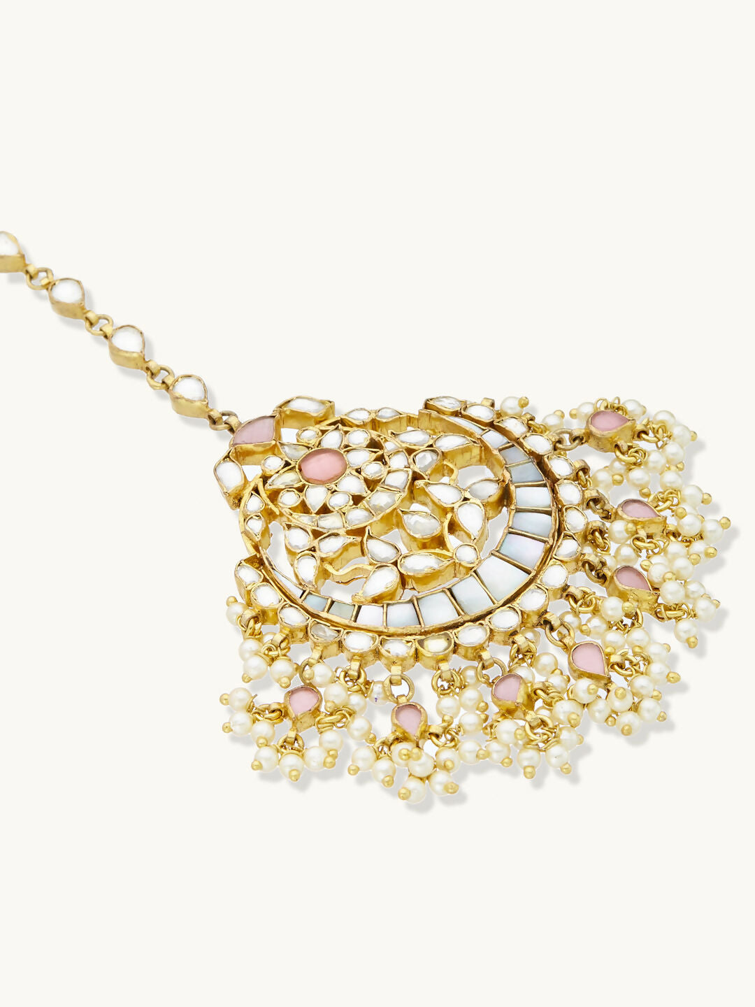 Nuyug 22K Gold-Plated Pearls & Pink Kundan Studded Statement Maang Tikka Head Jewellery