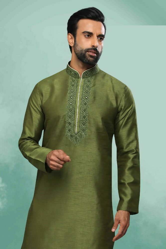 Raivat Ethnic Art Silk Mirror Embroidery Work Kurta Pajama In Green Colour - Dista