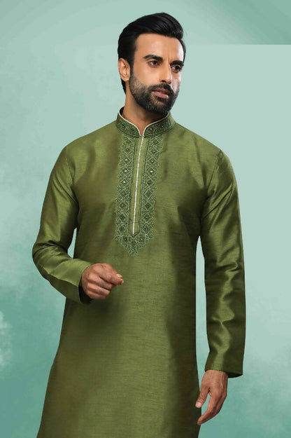 Raivat Ethnic Art Silk Mirror Embroidery Work Kurta Pajama In Green Colour - Dista