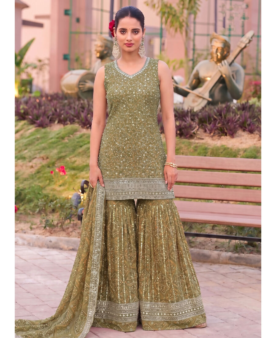 KC Mustard Bandhani Printed Heavy Emrboidery Worked Sharara Suit Ethnic Wear - Dista