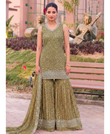 KC Mustard Bandhani Printed Heavy Emrboidery Worked Sharara Suit Ethnic Wear - Dista