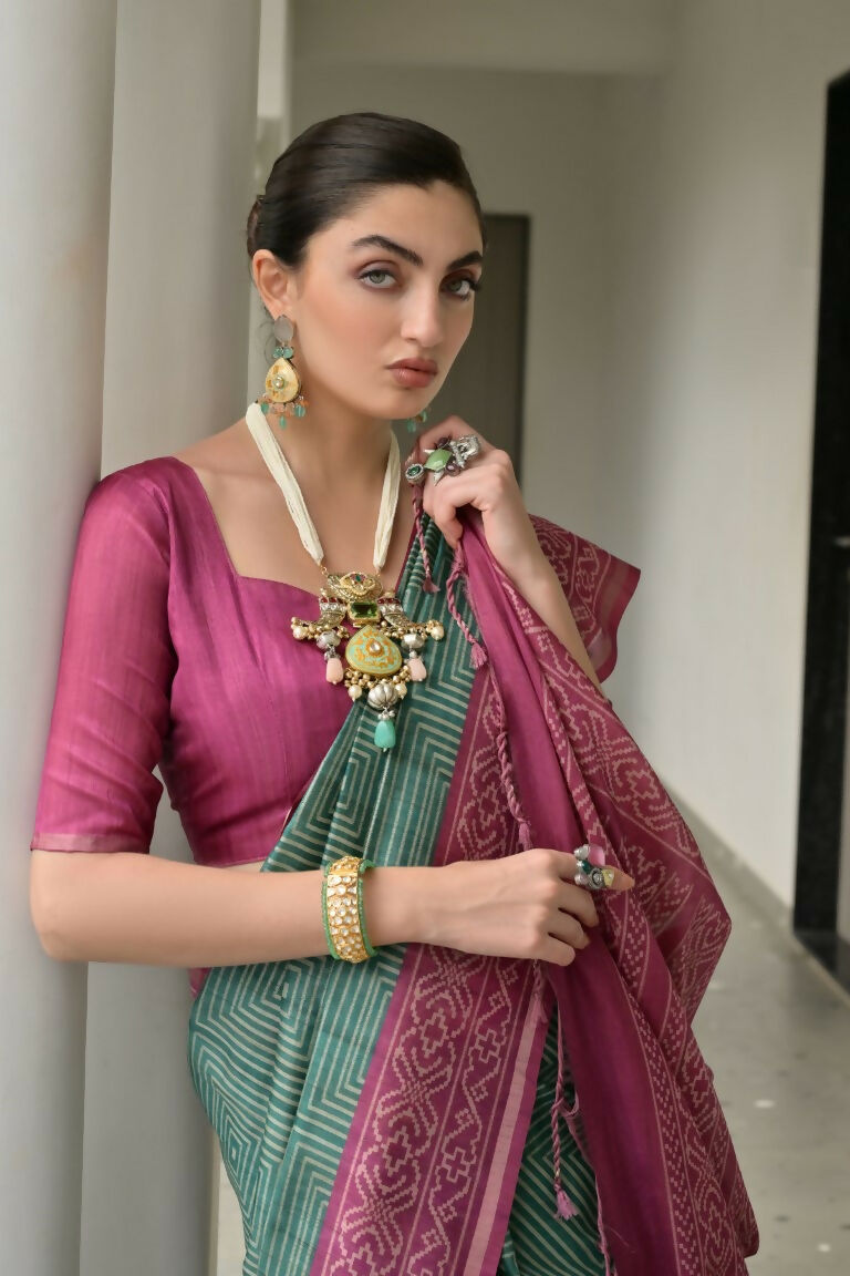 Vishnu Weaves Women's Wine Soft Tussar Silk Printed Saree with Blouse